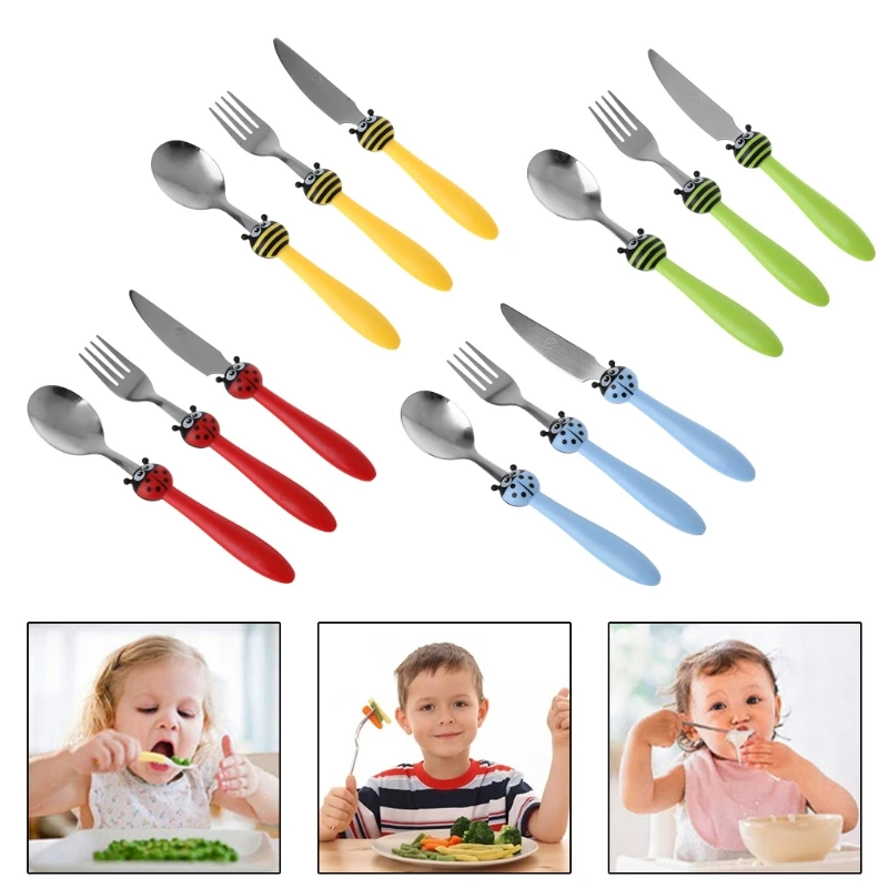 

1 Set Kids Tableware Children Feeding Spoon Fork Knife Cartoon Stainless Steel