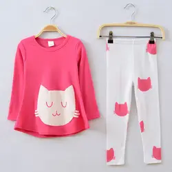 Бесплатная доставка!в 2016 году весна осень небольшой кошка девочек одежда наборы футболки с длинными рукавами леггинсы комплектная одежда