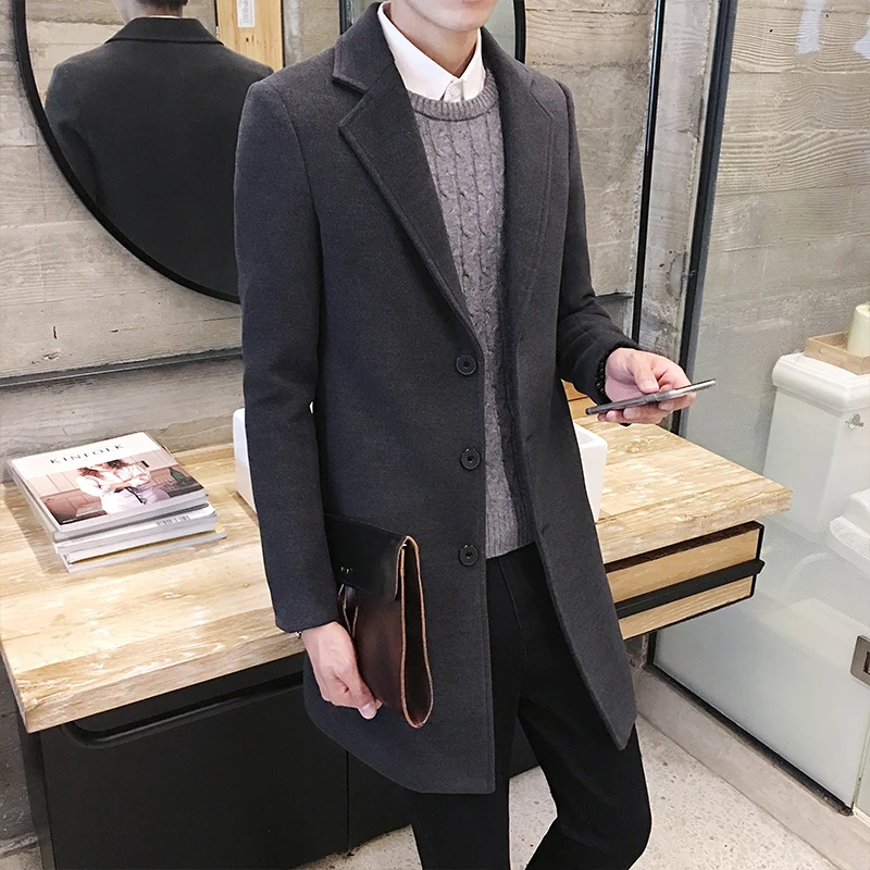  2019 New Fashion Fine Artificial Wool Cotton Leisure Long Trench Men Casual Slim Jackets Pure Color