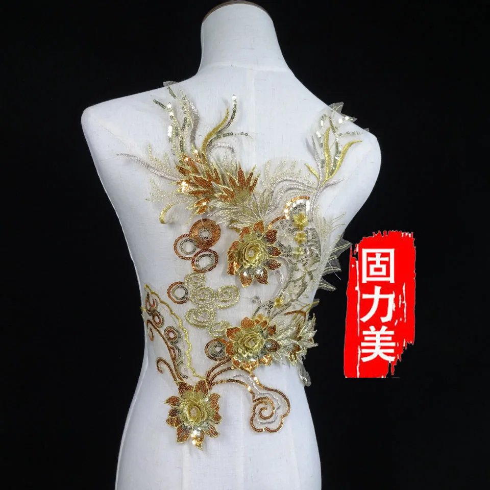 1pc sapphire gold blue red 3D luxury sequined Large Beaded Lace Applique Mesh Venise Bridal Trims evening sewing patch | Дом и сад