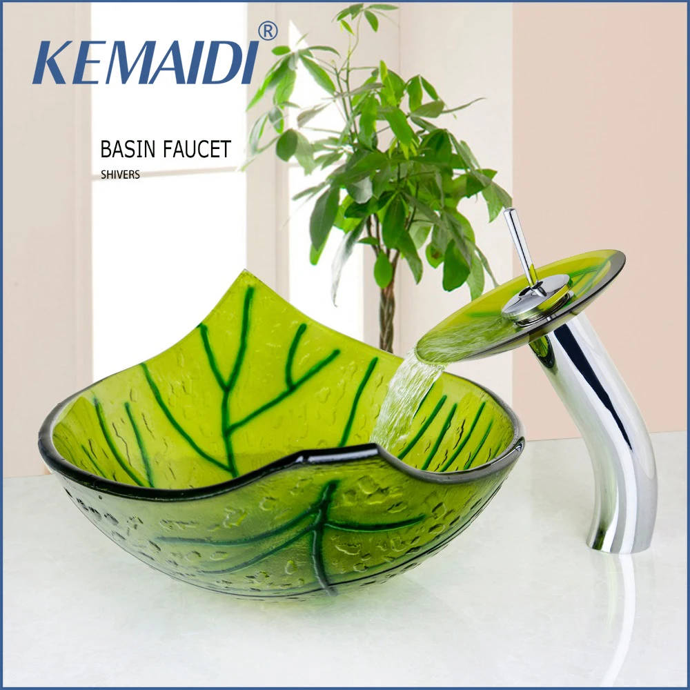KEMAIDI Hand Painted Green Leaf Shape Bathroom Wash Basin Sink With Mixer Pop Up Drain Sink Set