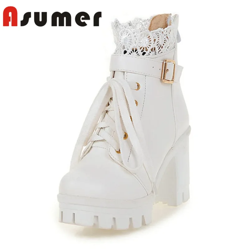 

ASUMER NEW ARRIVE 2019 round toe platform ankle boots Bud silk buckle cross tied women boots round toe zip pu high heels boots