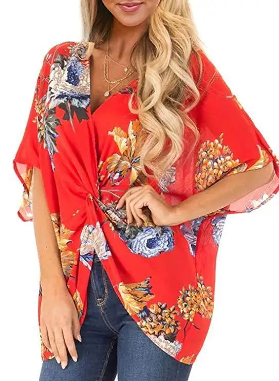 LISALA плюс размер 2XL летняя шифоновая блуза женские Топы boho блуза цветочный принт свободный v-образный вырез рукав «летучая мышь» blusa mujer - Цвет: Красный