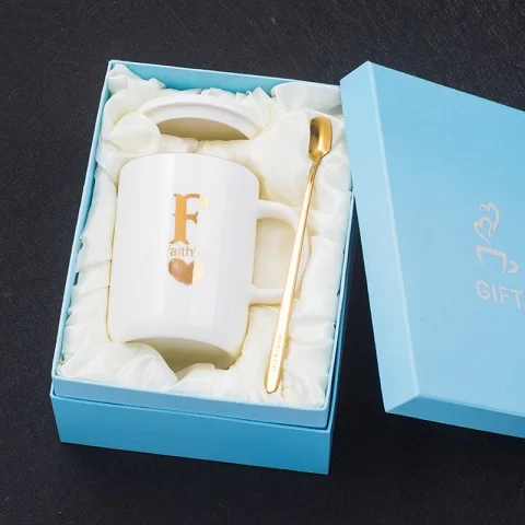 SPSCO 400 мл креативные золотые отпечатки пальцев белая керамическая кофейная кружка, кружка для чая с золотая ручка в подарок с крышкой и ложкой - Цвет: F-white