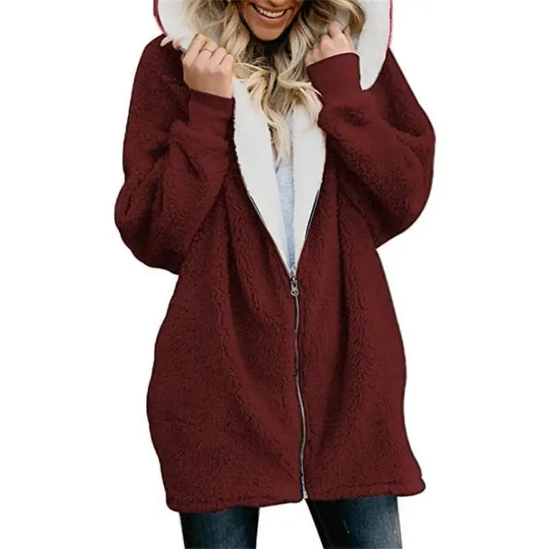 Russian Hot Women's Sweater Coat Solid Color Autumn Winter New Fashion Wool Fleece Zipper Cardigan Warm Plush Sweaters 11 Colors - Цвет: Red wine