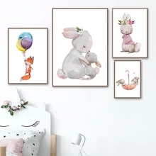 Акварель кролик лиса воздушный шар цветок плакаты стены искусства холст живопись простые скандинавские принты мультфильм животных картины детская комната