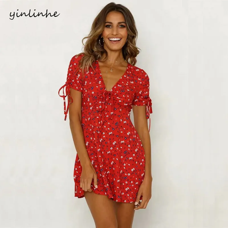 

yinlinhe Red Floral Dress Summer Short Sleeve 2018 Lace Up V Neck Sexy Women Dress mini Slim Waist Elegant Bobo Vestidos 382
