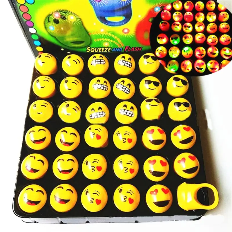 

Free shipping 36PCS Soft Emoji LED Rings With Gift Box Squeeze Toy Party Favors Bag Filler Kids Toy Light Up Toy Gift
