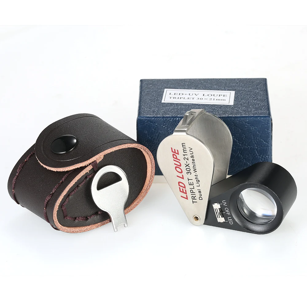 

30X Handheld LED Jeweler Loupe 21mm 6 Jeweler Loupe Magnifier Triplet Magnifying Glass UV Counterfeit Detector