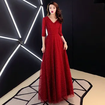 

Luxury Bling Deep-V Burgundy Sexy Tulle Evening Dresses 2020 New Sexy Half Sleeves Backless Formal Evening Gowns