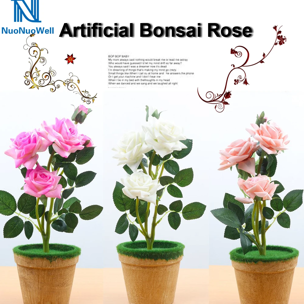 

NuoNuoWell Artificial Bonsai Silk Flower Fake Rose In Wooden Pot Wedding Home Decor Pink White Avaliable