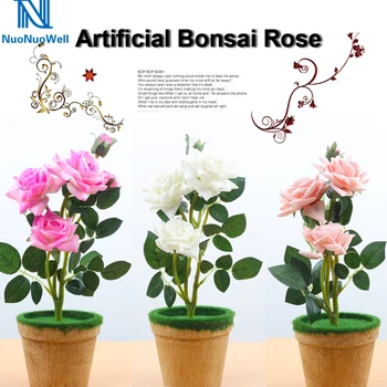 

NuoNuoWell Artificial Bonsai Silk Flower Fake Rose In Wooden Pot Wedding Home Decor Pink White Avaliable