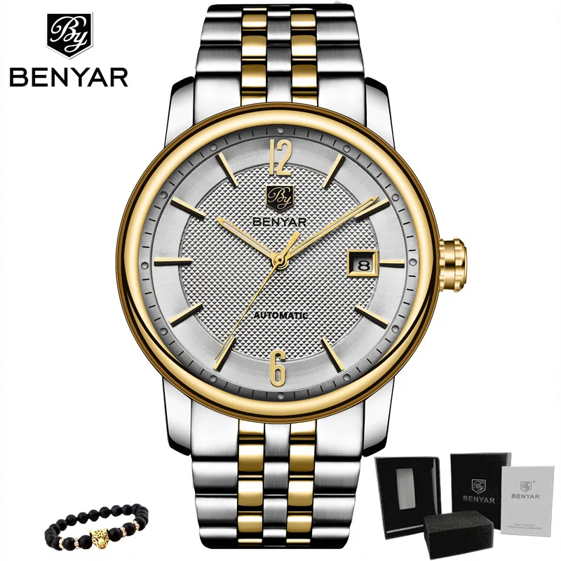 BENYAR Топ бренд класса люкс для мужчин s часы бизнес полный сталь Мода повседневное водонепроницаемый автоматические часы мужские часы Relogio Masculino - Цвет: Steel-Gold white
