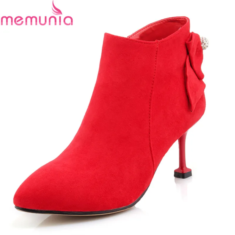 

MEMUNIA new arrival fashion boots women 2018 pointed toe thin high heels boots flock with butterfly knot winter boots size 33-42