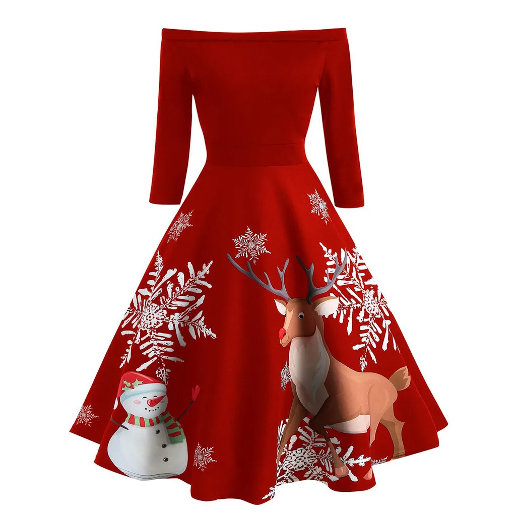 

Christmas Party Dress Sexy Vintage Women Off Shoulder Evening Party Dress Slash neck Ladies Christmas Print Vestidos Female Z326