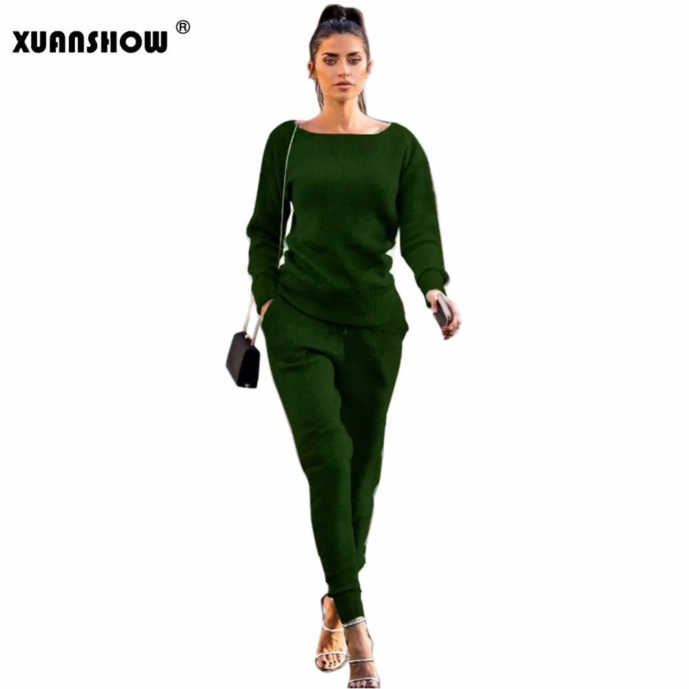 XUANSHOW النساء 2 قطعة مجموعة الربيع الخريف العثماني النسيج شريط الصلبة طويلة بدل رجالي السيدات السراويل مجموعات