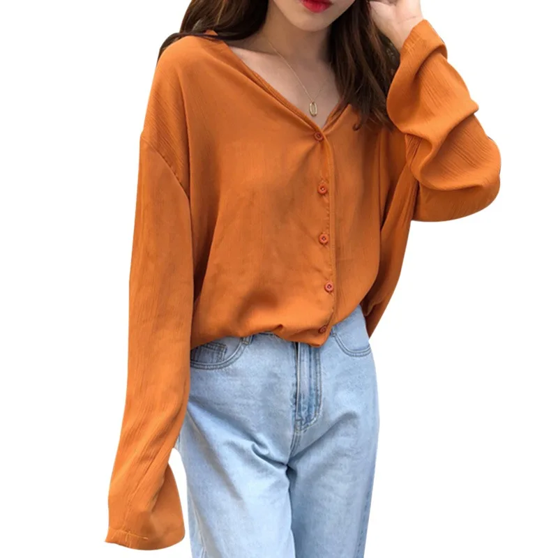 Шифоновая женская блузка с длинным рукавом и v-образным вырезом, женские топы, женские блузки на весну и осень, рубашки - Цвет: Оранжевый