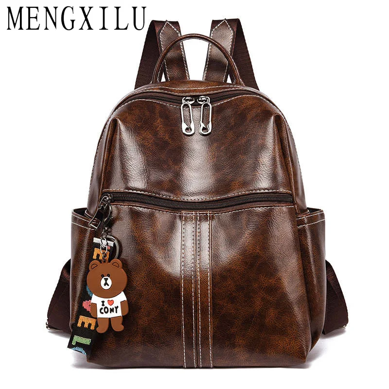 

MENGXILU Vintage PU Leather Backpack Women Classic School Bags For Teenage Girls Travel Bag Pack With Bear Pendant mochila mujer