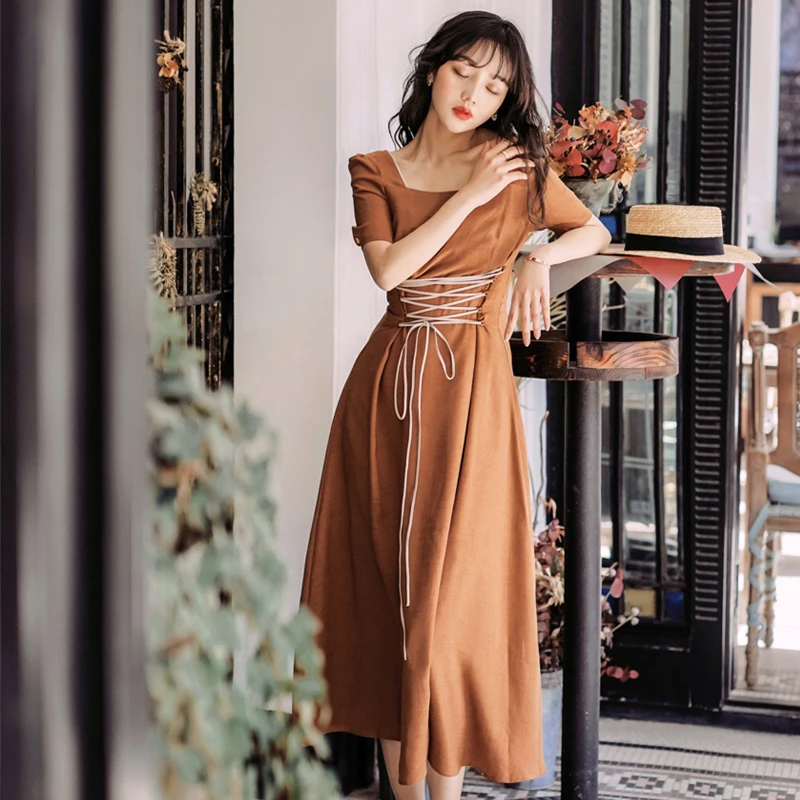 

2019 new fashion women's dresses Summer retro long temperament Slim