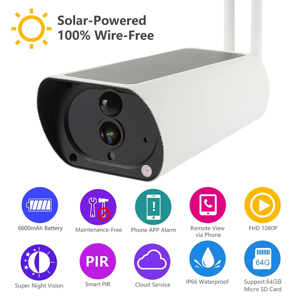 

1080P HD Solar IP Camera 2MP Wireless Wi-fi Security Surveillance Waterproof Outdoor IR Night Vision Solar Power Camera probe