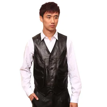 

Autumn Winter Men Leather Vest Sleeveless Jacket Casual Slim V-Neck Suit Dress Vest Waistcoat Male Clothes High Quality OUTWEAR