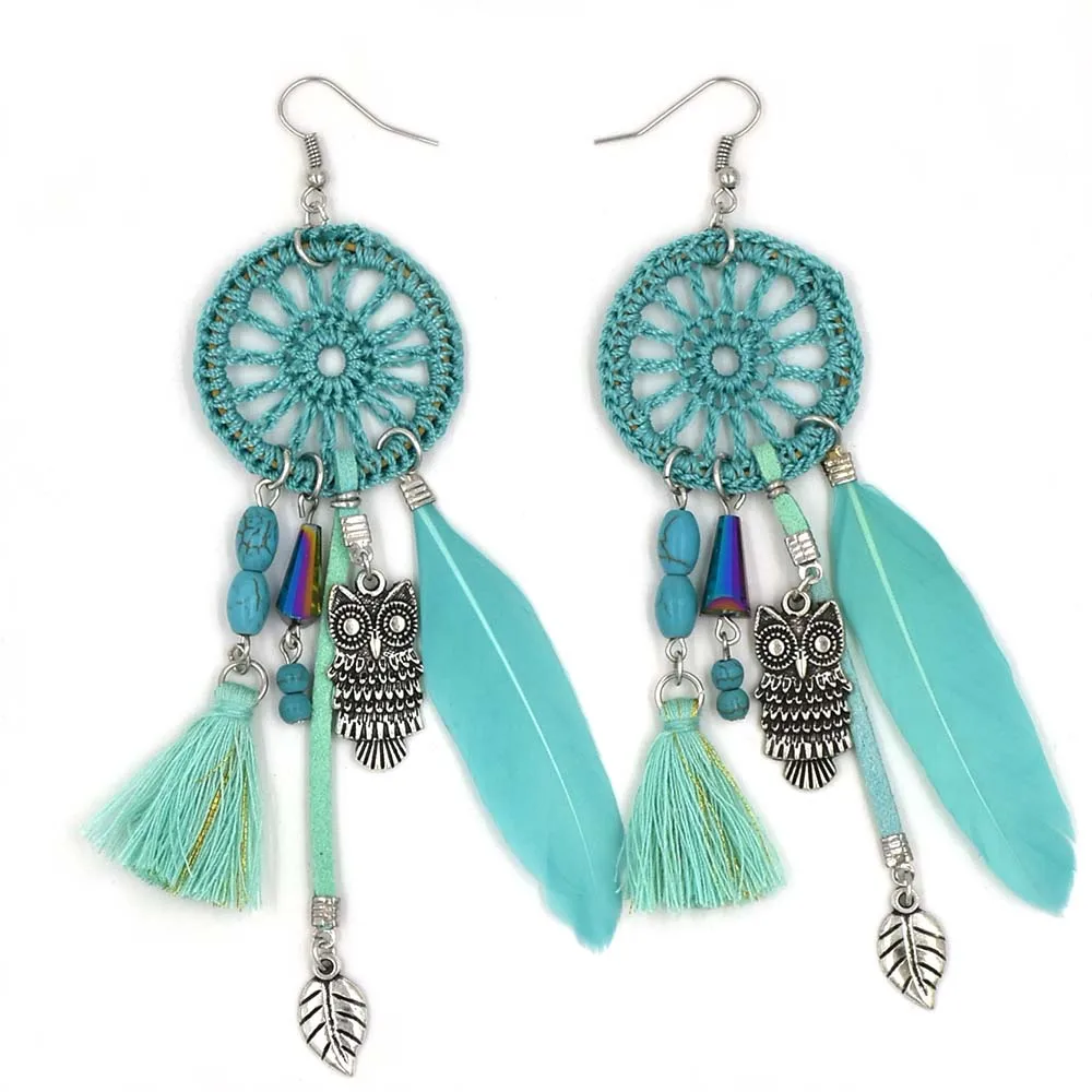 Handmade Feather Leaves Tassel Earrings Bohemia Boho Ethnic Party Earring Dream Cather Owl Pendants Chandelier Earrings