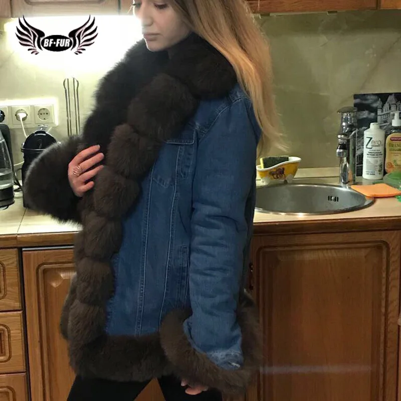 BFFUR Parka Real Fur Thick Warm Womens Coats 2018 Winter Fashion Genuine Fox Fur Wide-waisted Russian Fur Coats Turn-down Collar