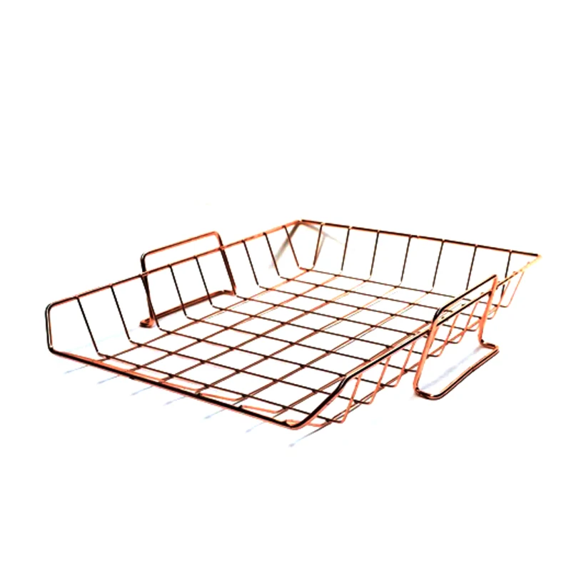 Rose Golden Office School Supplies Desk Accessories Organizer File Tray Mesh Wire Metal Document Tray Stackable