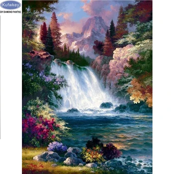 

3d nature scenery mazayka bead embroidery full drill Diamond painting waterfall forest 5d Cross Stitch Rhinestone mosaic image