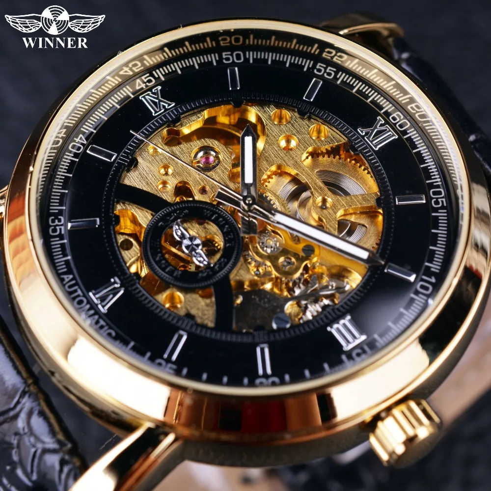 

Winner Golden Bezel Black Dial Dress Men Watches Top Brand Luxury Automatic Watch Mechanical Skeleton Men Wristwatches Clock Men