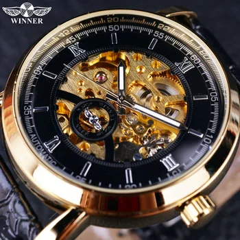 Winner Golden Bezel Black Dial Dress Men Watches Top Brand Luxury Automatic Watch Mechanical Skeleton Men Wristwatches Clock Men winner automatic original watch men s skeleton skull dial mechanical military wrist watch gold watches for men men s wrist watch