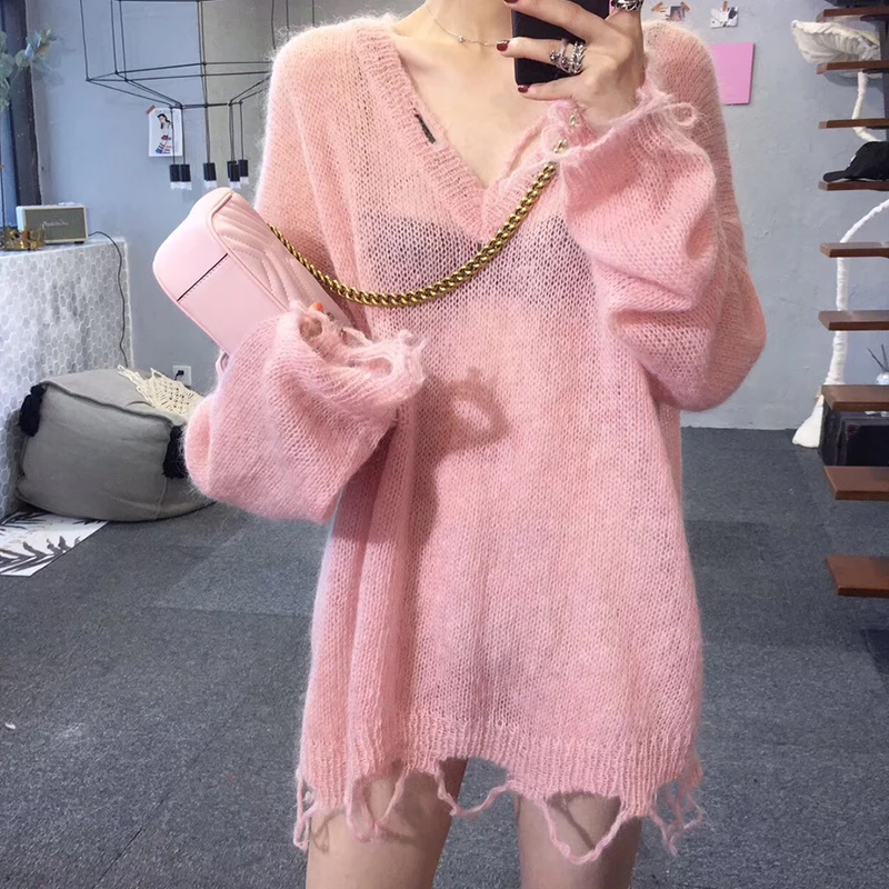

Tassels Hollow-out sweater lady Autumn winter 2019 Pullover thin perspective Loose clothes Mohair sweater V-Neck Long sleeves