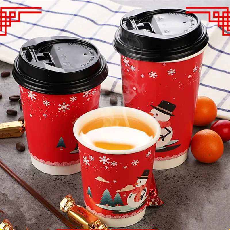 

50pcs Festival decor snowman pattern disposable coffee cup red Christmas party favor double layer thick insulation paper cup