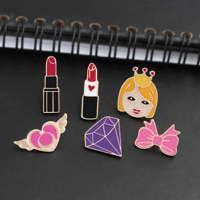 

6 Style Fashion Princess Lipstick Gem Pink Knot Heart With Wings Brooches For Women Badge Enamel Pins Accessories Girls Jewelry