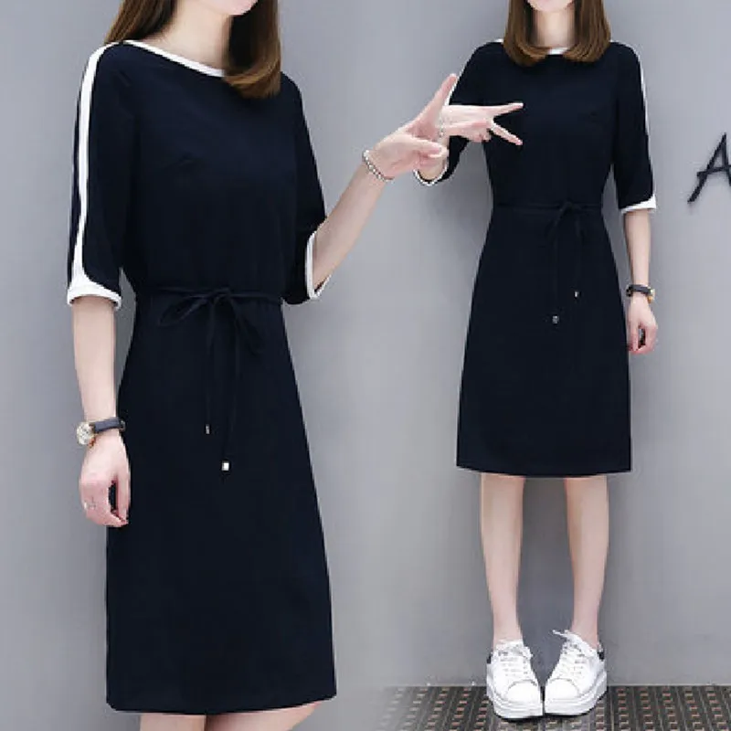 

Simplee Vintage Patchwork Women Dress Basic Short Summer Dresses With Sash Casual Korean Vestidos C281