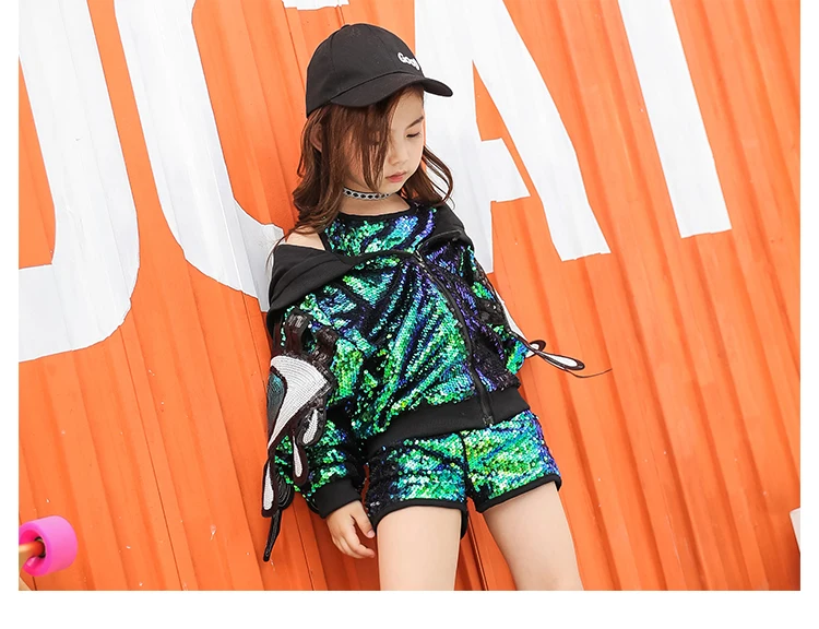 Kid Sequin Hip Hop Hoodies Jacket Clothing for Girls Crop Tank Top Shirt Shorts Jazz Dance Costume Ballroom Dancing Clothes Wear (11)