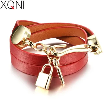 

XQNI Personality Handmade Woman Wrap Bracelets New Fashion Leather + Stainless Steel Lock Key Pendant Women Jewelry Accessories