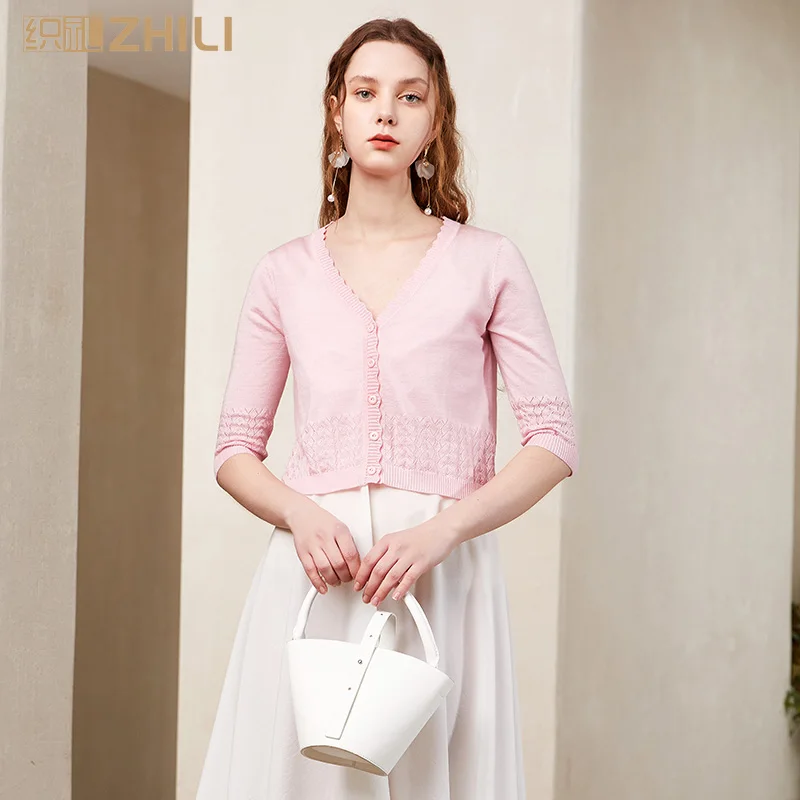 

ZHILI Spring and Summer 2019 Sweet Pink Short Sleeve Cropped Cardigan Sweater Coat (S-4XL)