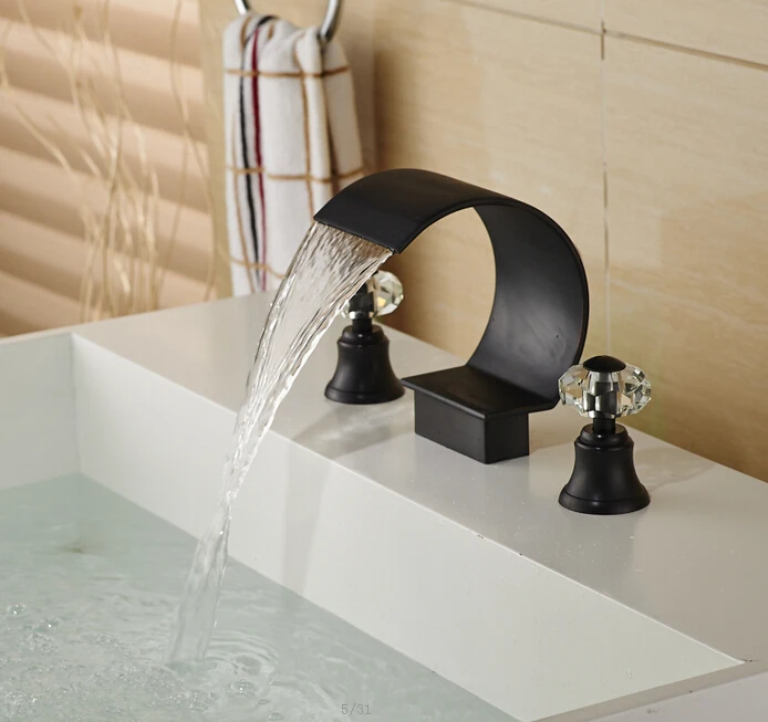 

Deck Mount C Curved Basin Sink Faucet Dual Crystal Handles Oil Rubbed Bronze Tap