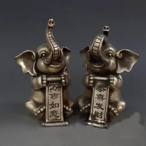 

pair of Chinese Silver Folk FengShui Auspicious Wealth Elephant Animal Sculpture metal handicraft home decoration