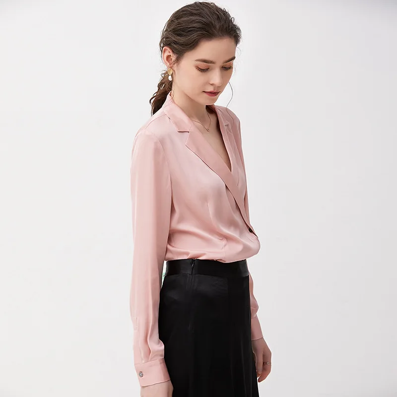 Натуральный шелк 19 muli высокое качество на заказ Женская одежда кардиган рубашка шифоновая блузка розовые Топы элегантные с v-образным вырезом белые рубашки