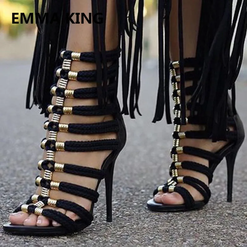 

Rope Gold Circle Design Women Gladiator Sandals Open Toe Cut-Out Ladies Party High Heel Shoes Woman Summer Ankle Boots Sandalias