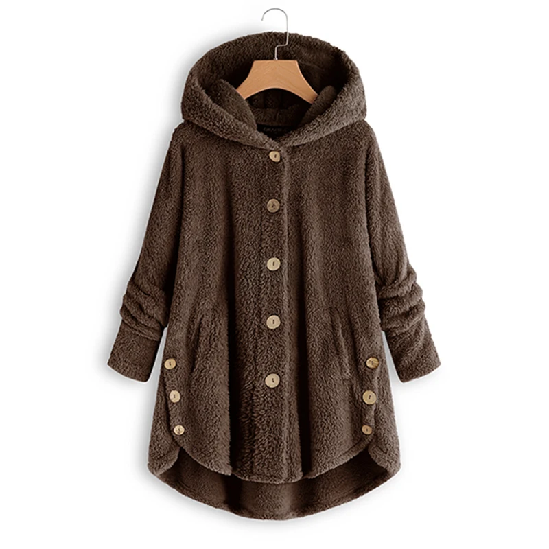 Пушистые пальто осень зима женские куртки женские повседневные с длинным рукавом и капюшоном верхняя одежда с разрезом Подола пальто леди плюс размер свитера 5XL - Цвет: Coffee
