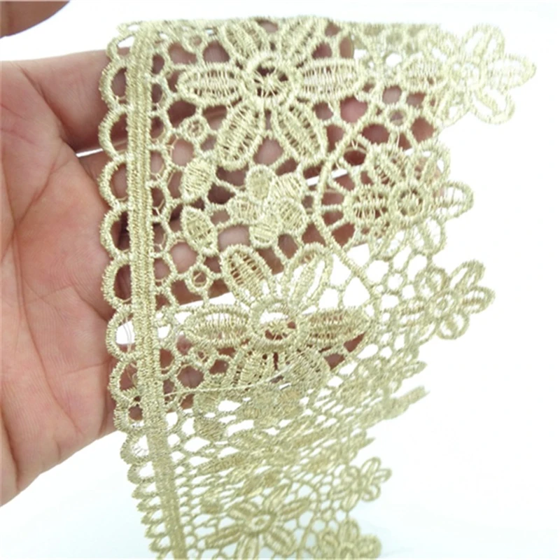 15Y/lot 9cm Wide Embroidery Floral Gold Lace Trim Beaded Gold Sequin