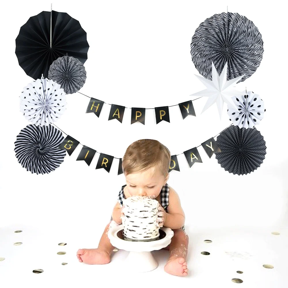 9pcs (Black White) Paper Decoration Set Paper Fans...
