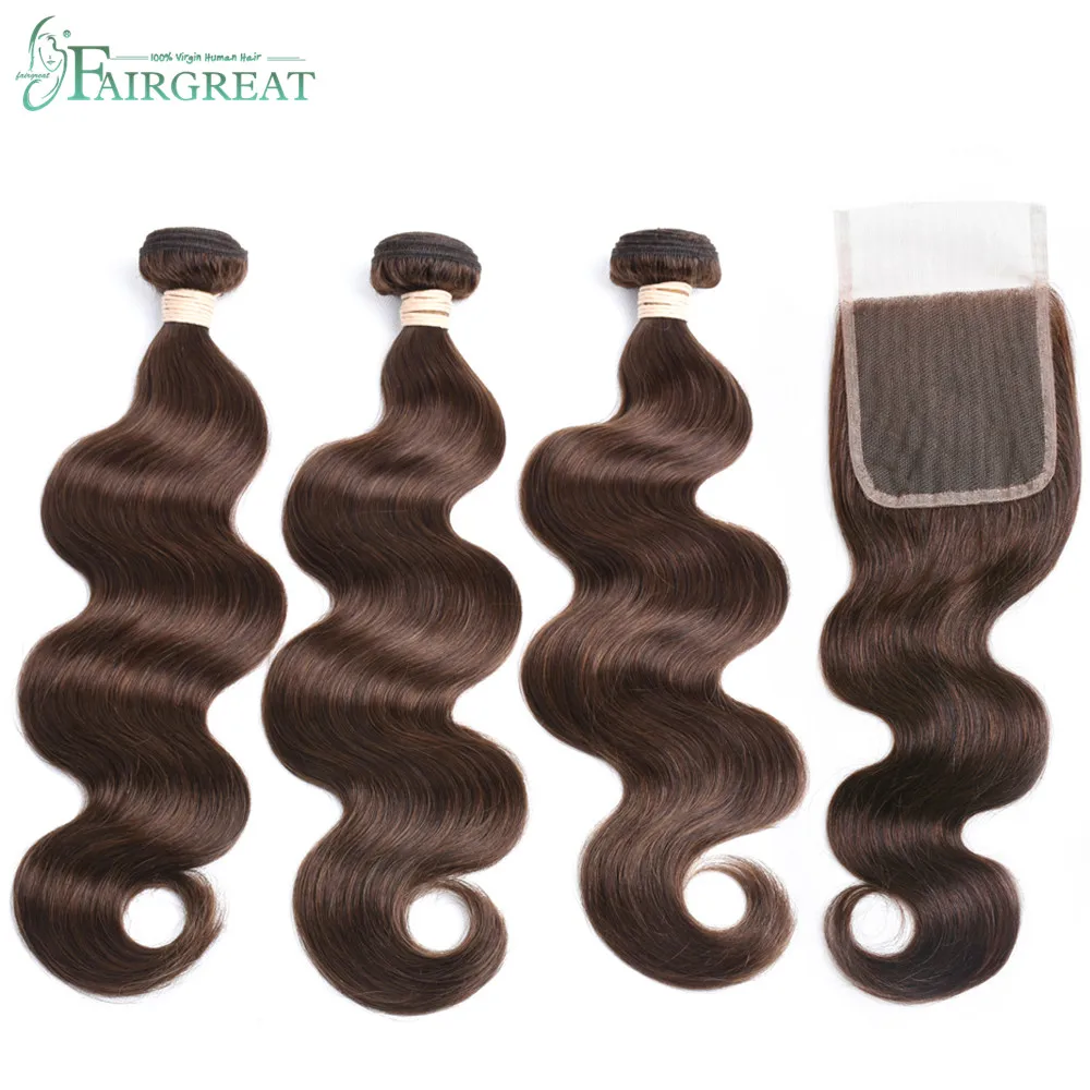 

#4 Color Bundles with Closure Peruvian Human Hair Light Brown Bundles With Closure Body Wave Remy Hair Extensions