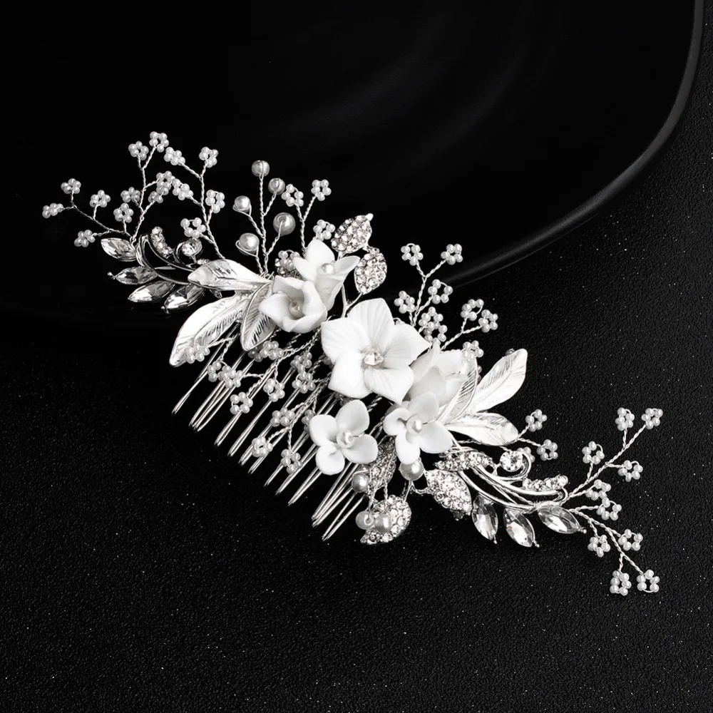 White Flower Silver Hair Combs  (2)