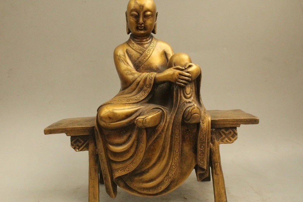 

11" Chinese China Tibet Folk Bronze Seat Stools Taburete Buddha Monk Statue