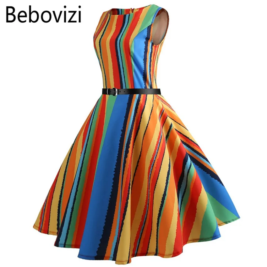 

Bebovizi Rainbow Stripes Fashion Summer Women Party Midi Dresses Elegant Casual Office Dress Rockabilly Big Swing Clothes 2018