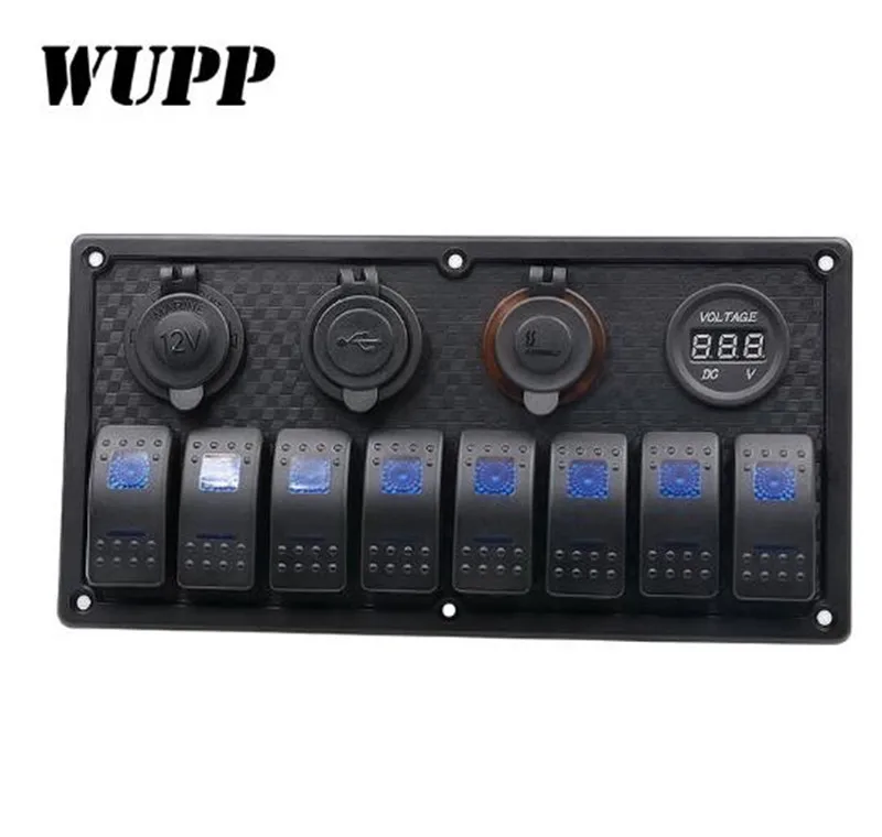 

WUPP 8 Gang LED Car Boat Rocker Switch Panel Dual USB Cigarette Lighter Socket Voltmeter Car Switch Panel LED Boat Switch Panel